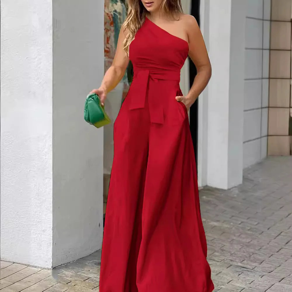 Women's clothing summer slanted collar unilateral tie irregular strapless high waist pocket wide leg jumpsuit