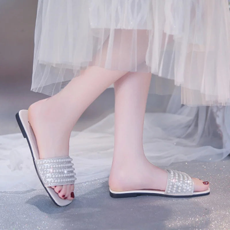 Women's summer new fashion square head open toe design casual flat leather beach slippers