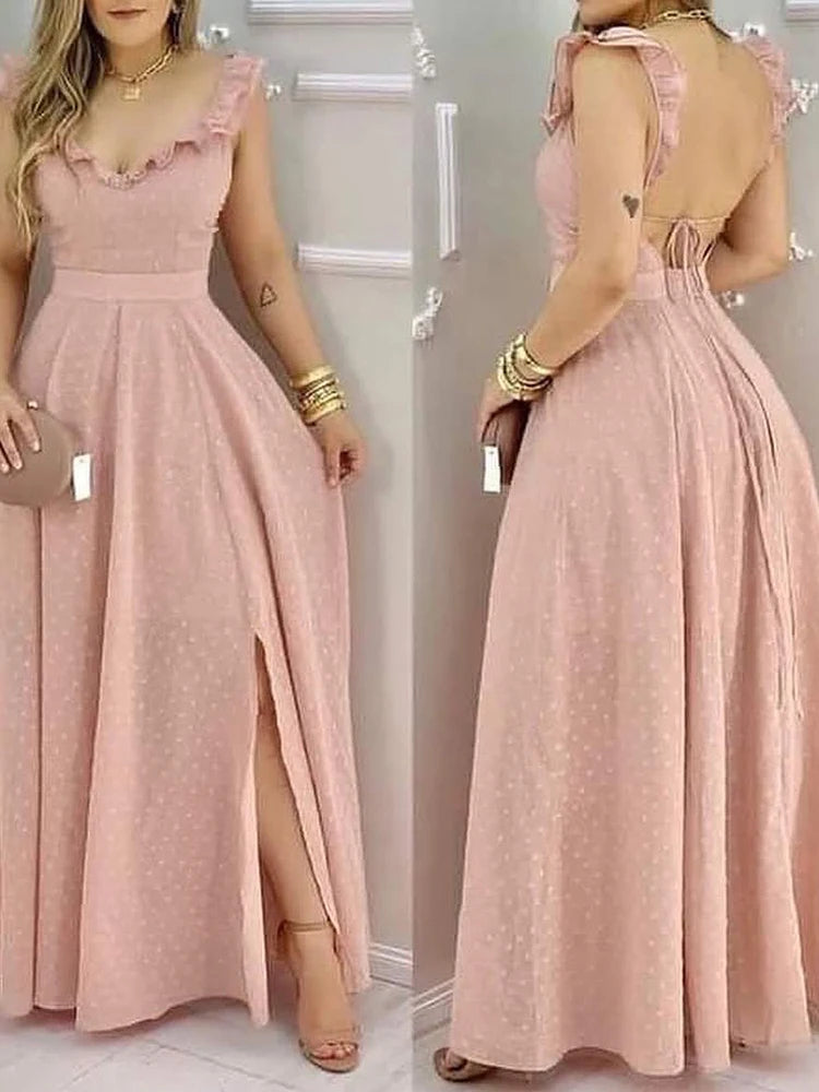 Women's yellow polka dot maxi dress ruffled neckline back tie sides for summer