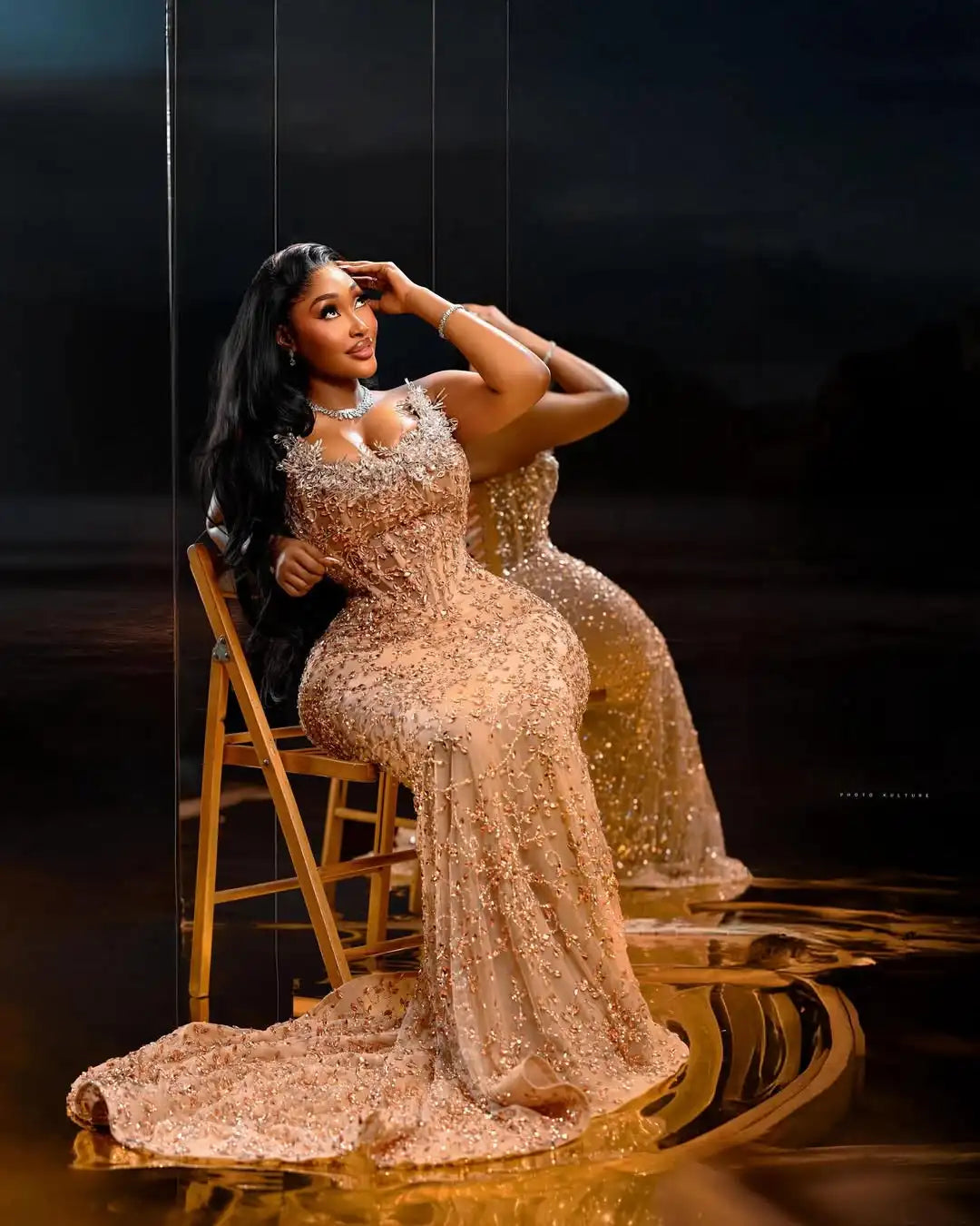 WOMEN Luxury Golden Beaded Birthday Dress Wedding Reception Gown Bridal Evening Dresses