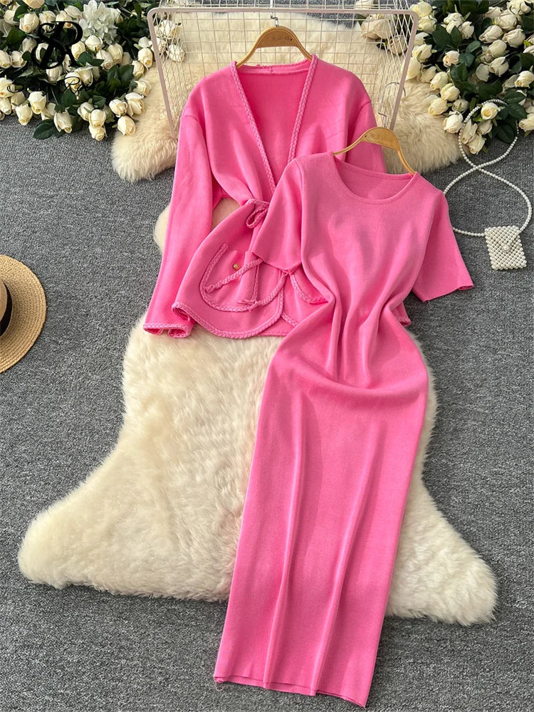 SINGREINY Office Ladies Autumn Knit Suits Long Sleeves Lace Up Cardigan Neck High Elastic Slim Fit Dress Senior Solid Sets
