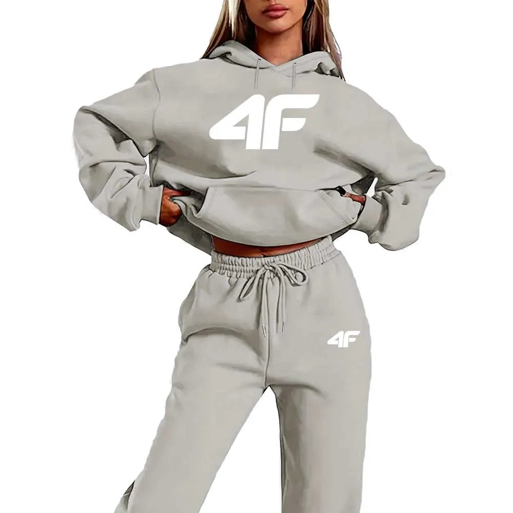 Women'S Thickened And Fleece-Lined Autumn And Winter Sweatshirt And Pants Set, Featuring a Kangaroo Pocket for Warmth