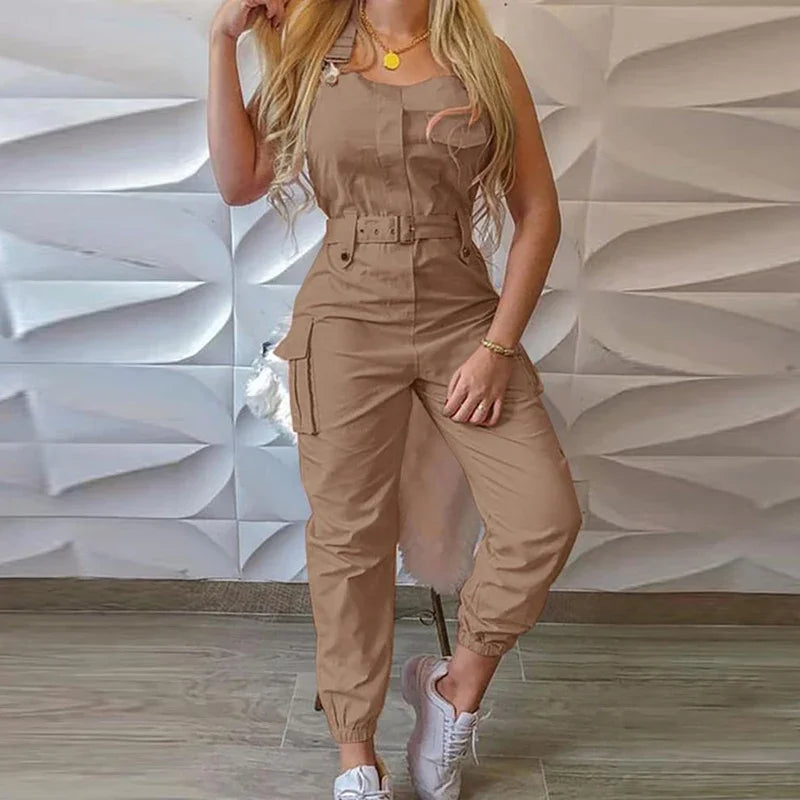 Women Fashion Strap Jumpsuit  Loose Dungarees Long Rompers Summer Solid Pockets Cargo Pants