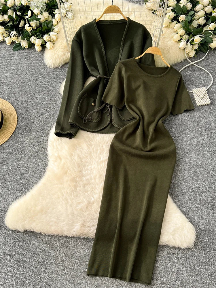 SINGREINY Office Ladies Autumn Knit Suits Long Sleeves Lace Up Cardigan Neck High Elastic Slim Fit Dress Senior Solid Sets