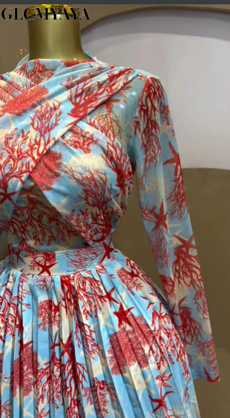 Women GLCMYAYA Leaf Print Long Sleeve O-neck Wrap Front Pleated  Elegant Romantic Vacation Party Birthday Dresses