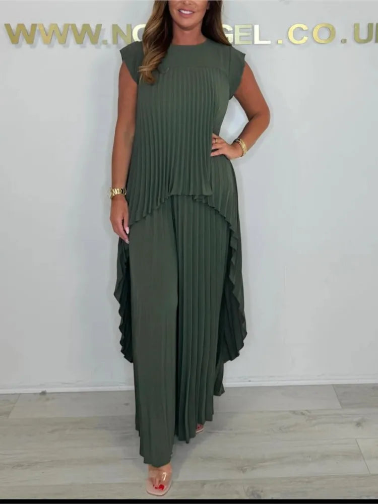 Women Summer Solid Casual Holiday Two Piece Sets Elegant Pleated Irregular O Neck Sleeveless Top + Wide-leg Pants Loose Outfits