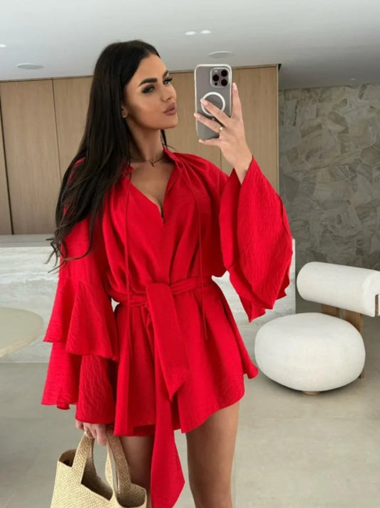 Women Sexy Deep V Lace Up Solid Dress