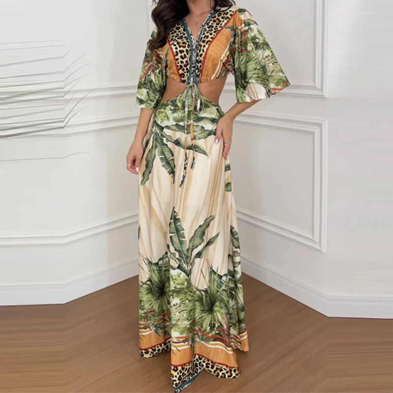 Women Summer Elegant Ladies V Neck Party Dress Fashion Half Sleeved Pleated  Vintage Pattern Printed Waist Long Beach Dresses