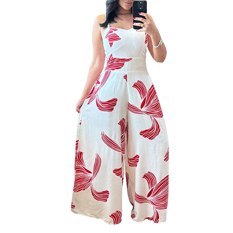 Women Elegant Sleeveless Hight Waist Playsuit  Sexy Off Shoulder Wide Leg   Fashion Pattern Print Loose Long Romper Jumpsuits