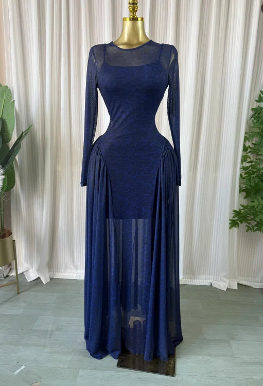 Women O-neck Long Sleeve Pleated Inner A-line  Evening Sexy Party Birthday Vacation Long Maxi Dresses Vestidos