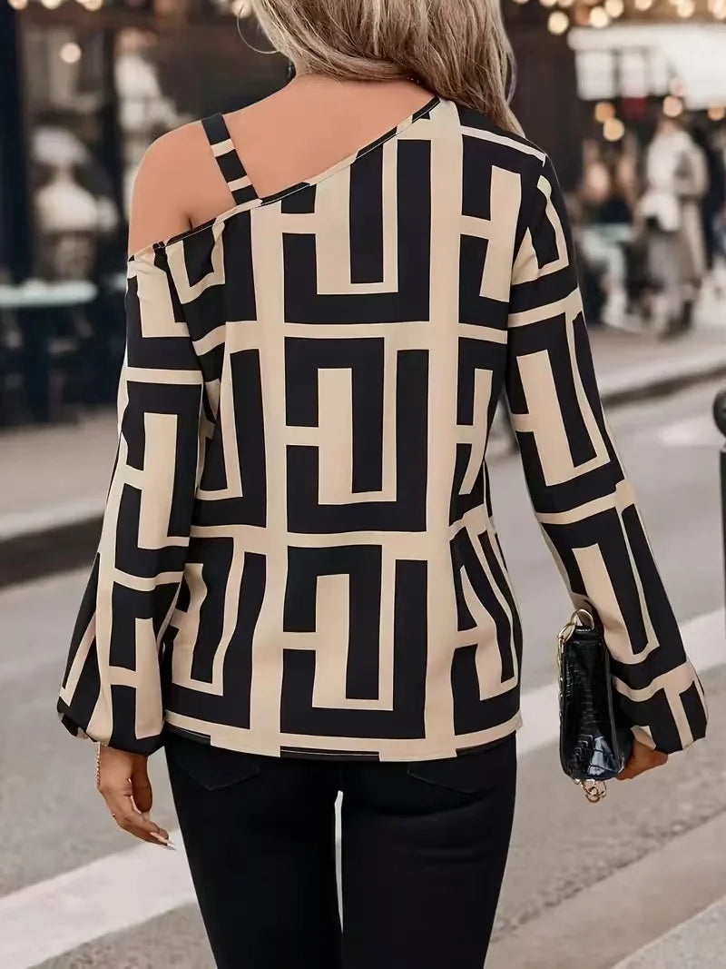 Women elegant Geometric Printed blouse spring neck off shoulder long sleeve hoodie casual shirt