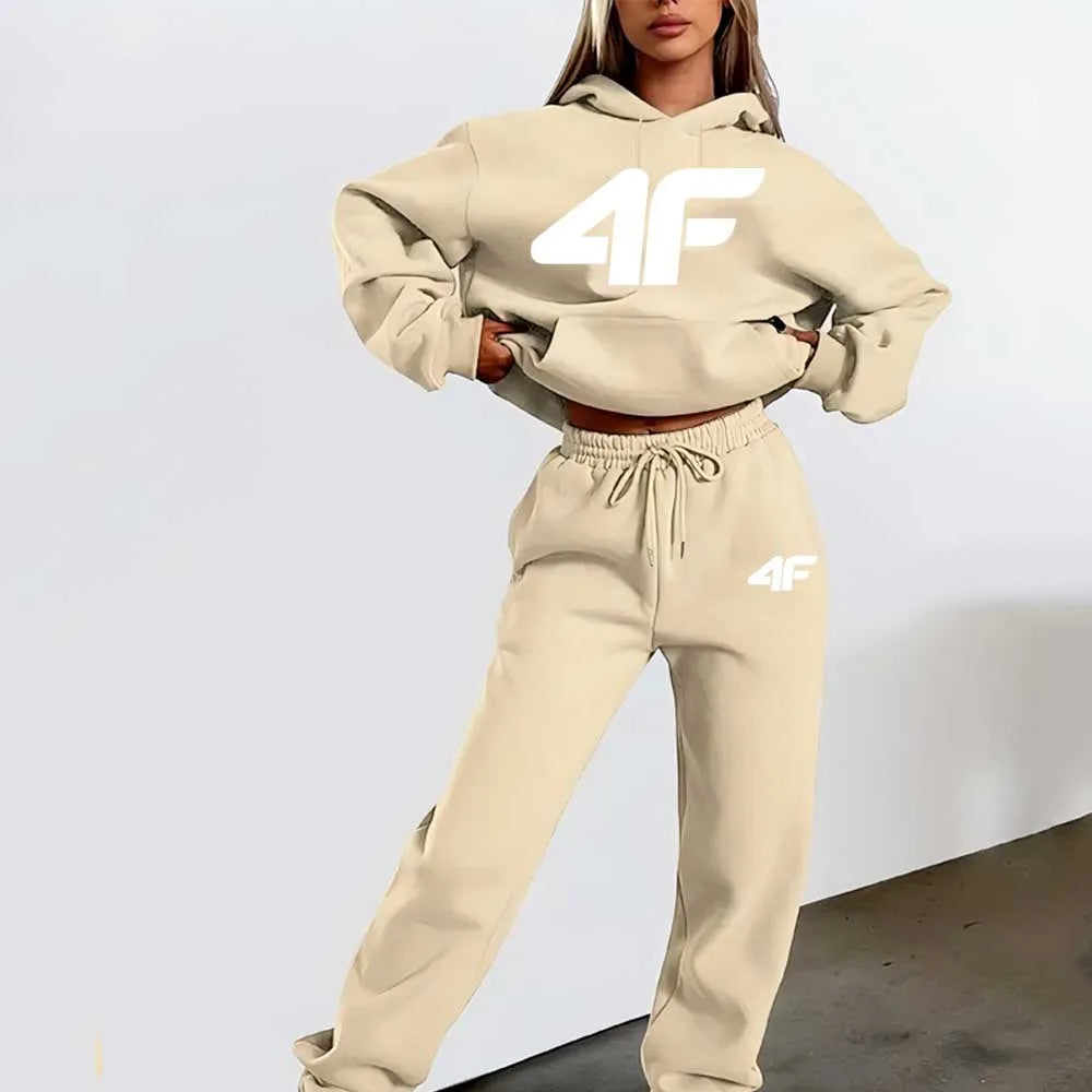 Women'S Thickened And Fleece-Lined Autumn And Winter Sweatshirt And Pants Set, Featuring a Kangaroo Pocket for Warmth