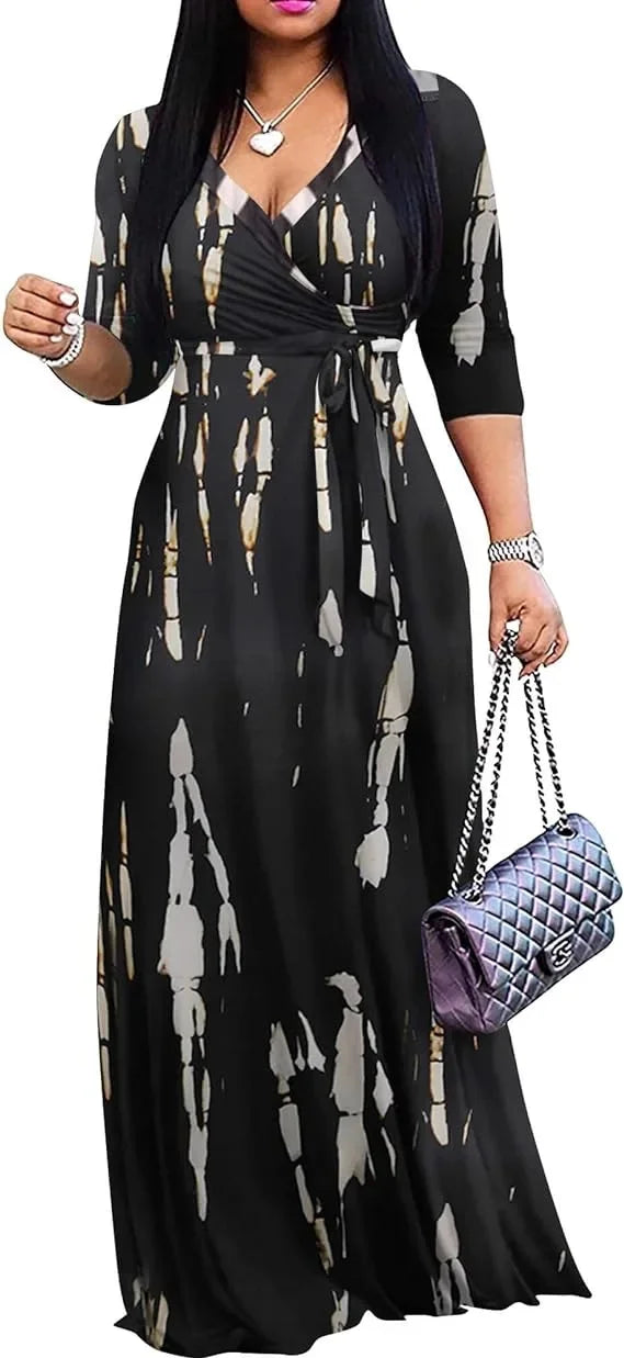 Women Elegant Long Dress with Belt Mid Sleeve V-Neck for Spring Summer Autumn Fashionable  Ankle-length Dress