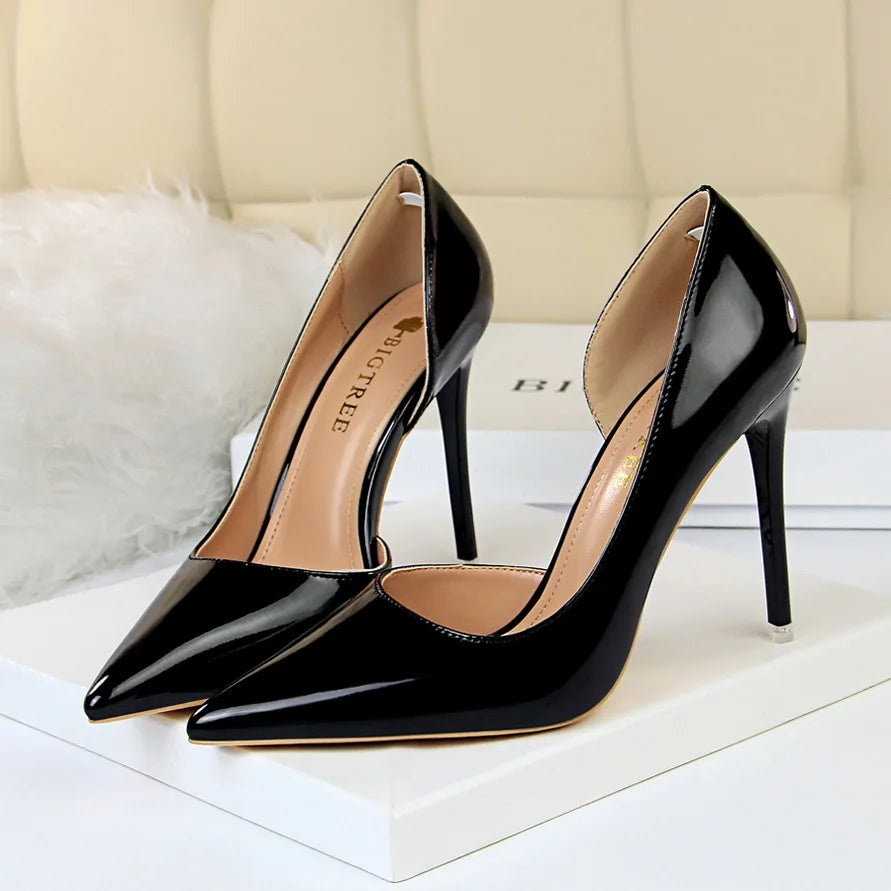 Women  High Heels Pumps Lady Stripper Stiletto Metallic Leather Scarpins Wedding Heels