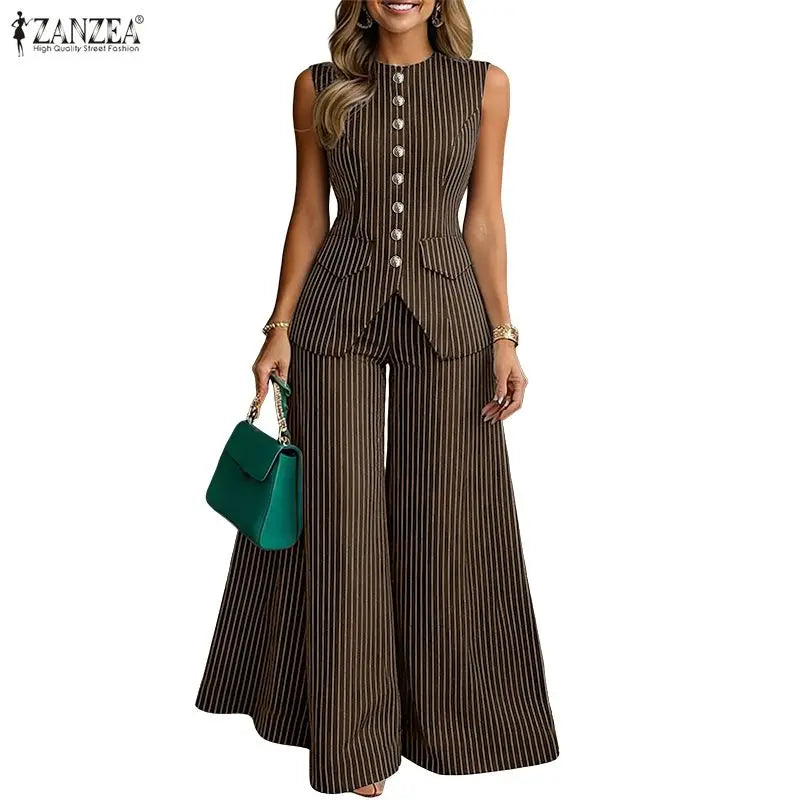 Women ZANZEA  elegant pant suits striped sleeveless vest tops & wide leg pant 2 pieces sets office fashion commuting outfits