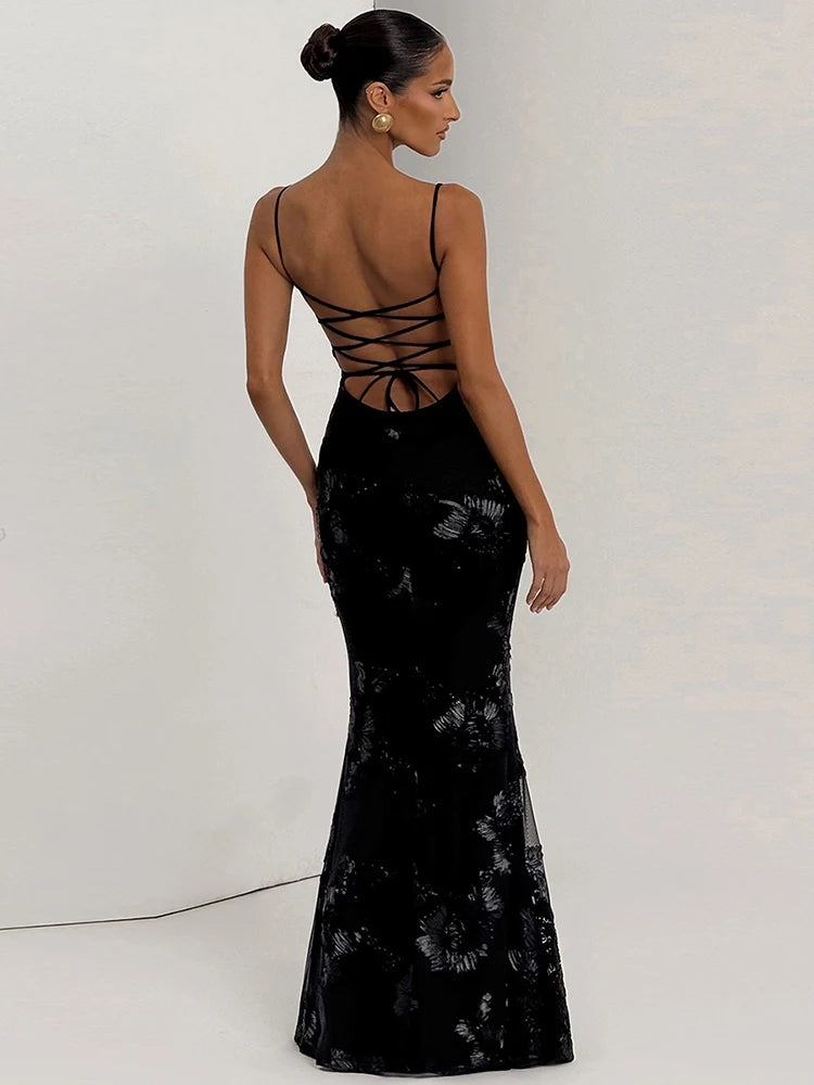 Women  Elegant Flower Embroidery Maxi Dress Low-Neck Cross Bandage Backless Summer Street Trend Skinny Holiday Vestidos