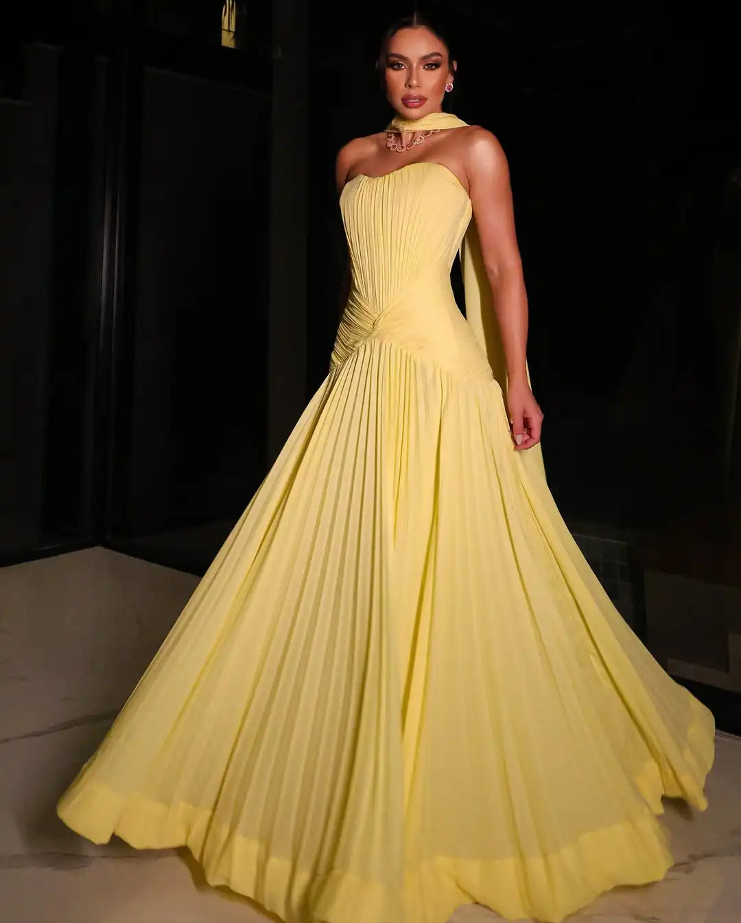 Women Spring Soft Yellow Long Prom Dresses Evening Dress Wedding Gown