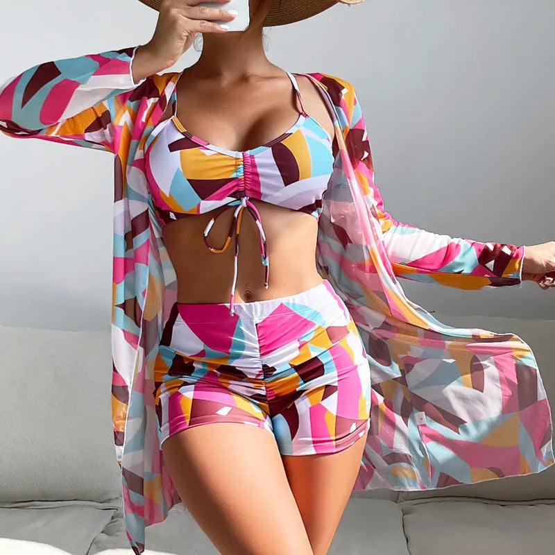 Lady Print Three-Piece Swimsuits Tankini Sets Female Swimwear Push Up For Beach Wear Bathing Suits Pool