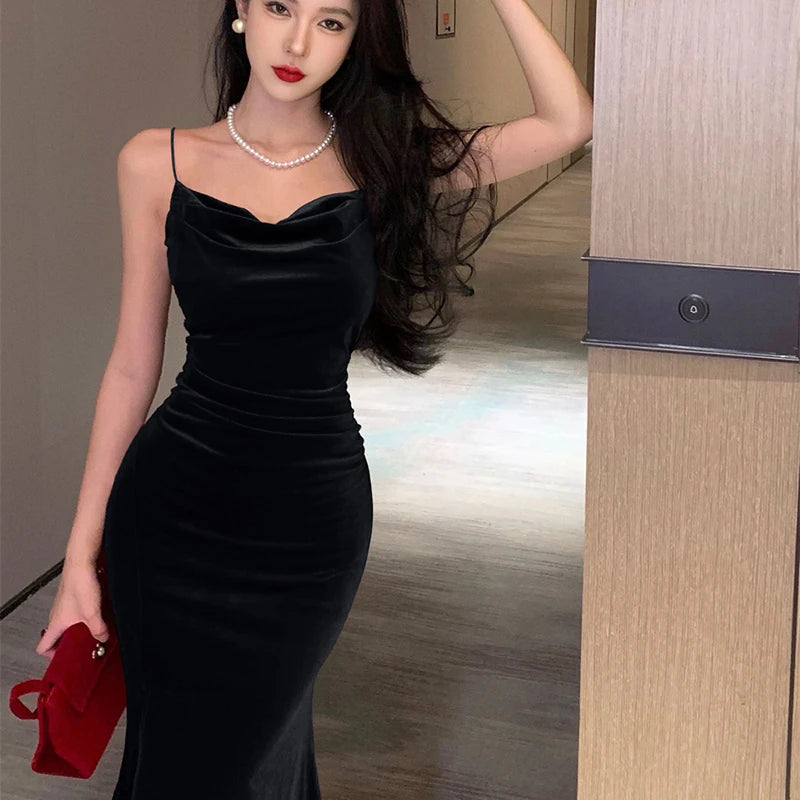 Women Vintage Sexy Club Prom Red  Spaghetti Strap Slit Velvet Beach Bandage Bodycon Midi Dress Party Elegant