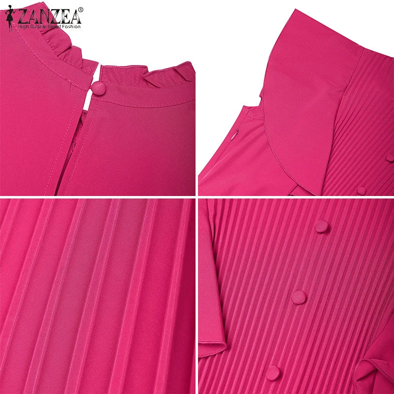 Women ZANZEA  Summer Sleeveless Pleated Vestidos Casual OL Work Sundress Zippers Fashion Solid Turtleneck Robe