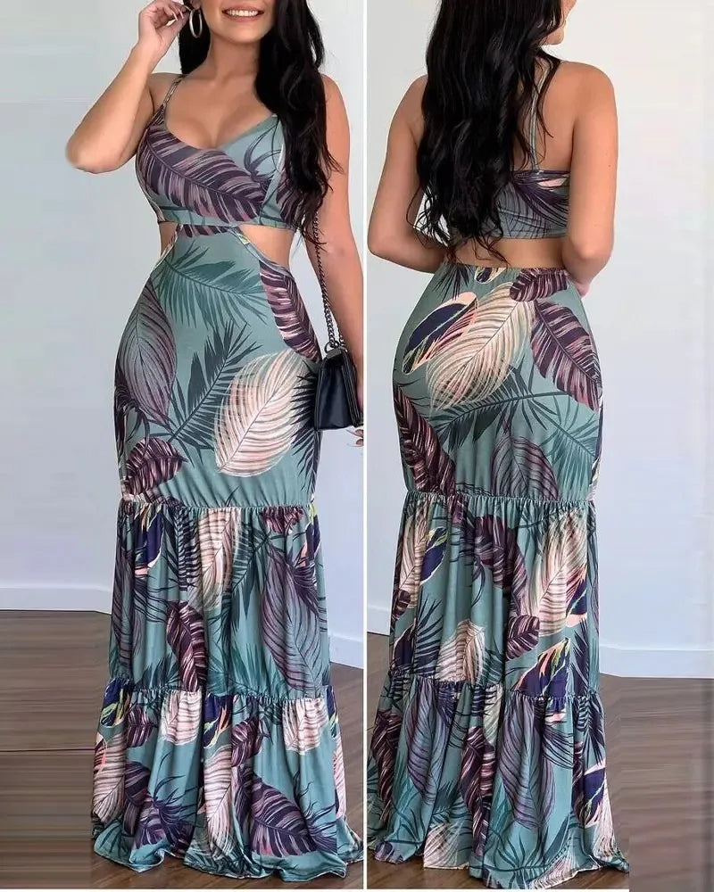 Women Dress Camisole Long  Print Folds Sleeveless Slim Fit V Neck Elegant A Line Splice Vestidos Beach Summer
