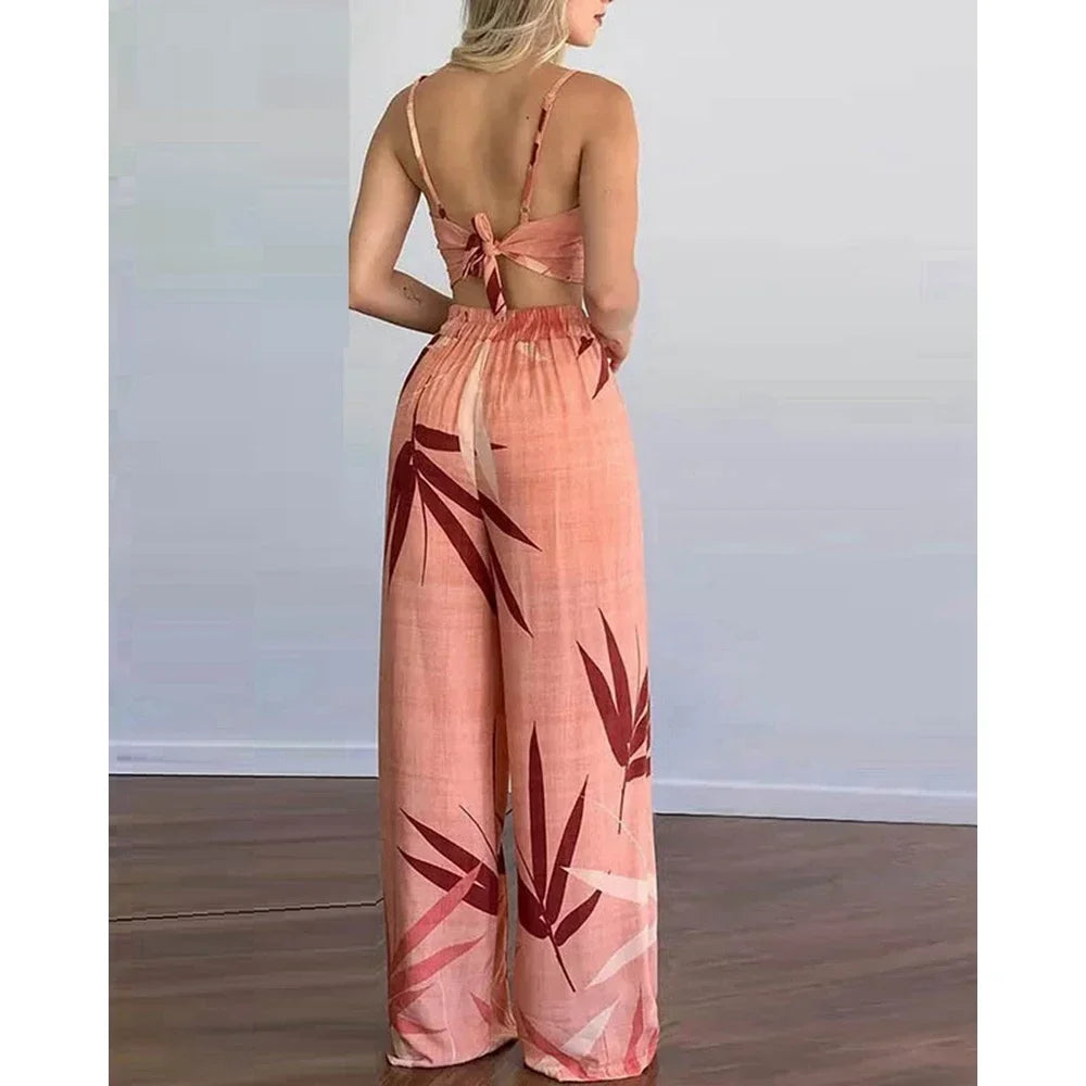 Women Summer Tropical Print Spaghetti Strap Casual Lace up Back Top &High Waist Pants Set 2 Pieces Suit Sets