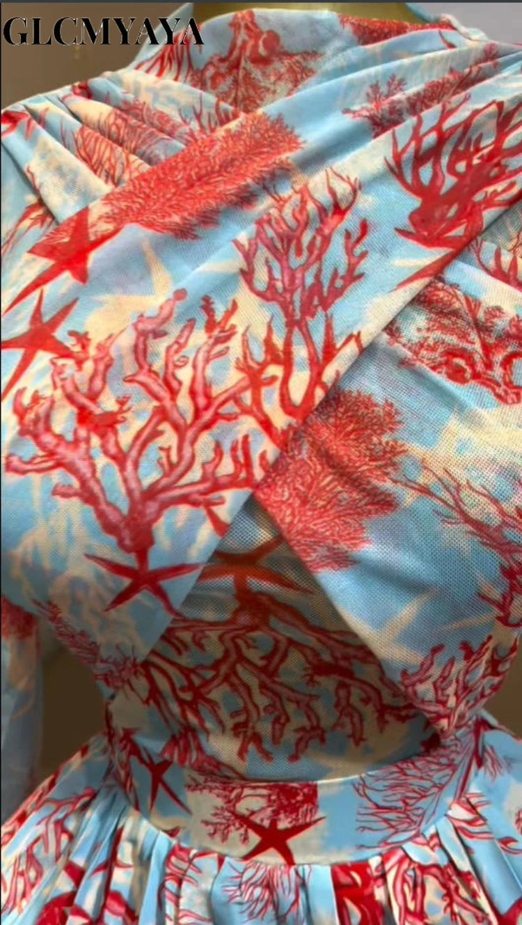 Women GLCMYAYA Leaf Print Long Sleeve O-neck Wrap Front Pleated  Elegant Romantic Vacation Party Birthday Dresses