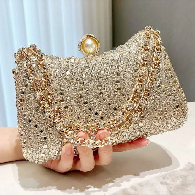 Women Fine Rhinestone Diamond Inlay Dinner Evening Retro Luxury Gold Silver Blue Small Clutch  Wedding Party Shoulder Bag