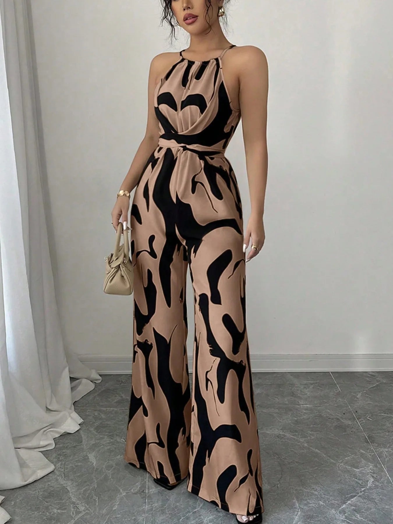 Women High end summer new retro versatile lace up waist slimming printed hanging neck jumpsuit