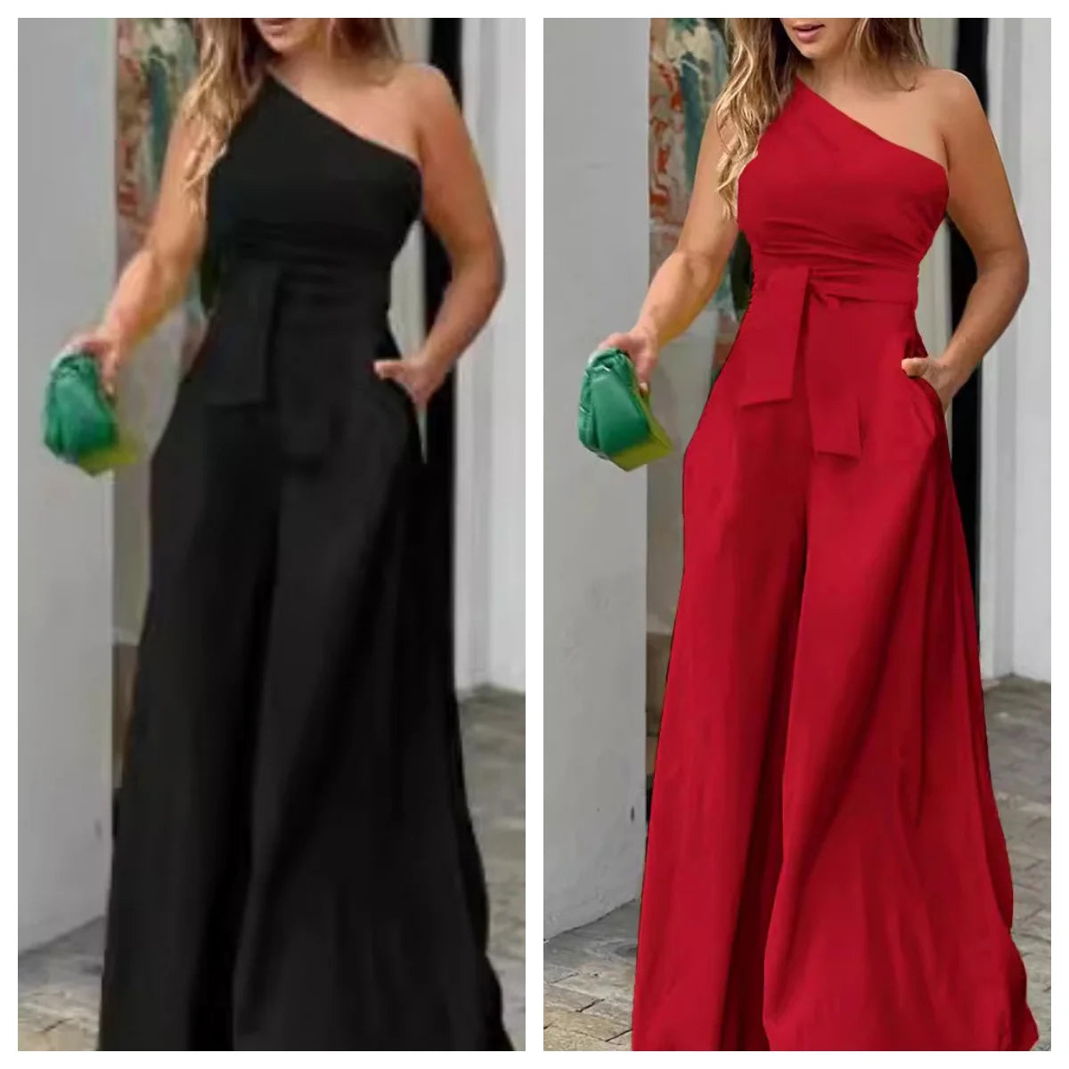 Women's clothing summer slanted collar unilateral tie irregular strapless high waist pocket wide leg jumpsuit