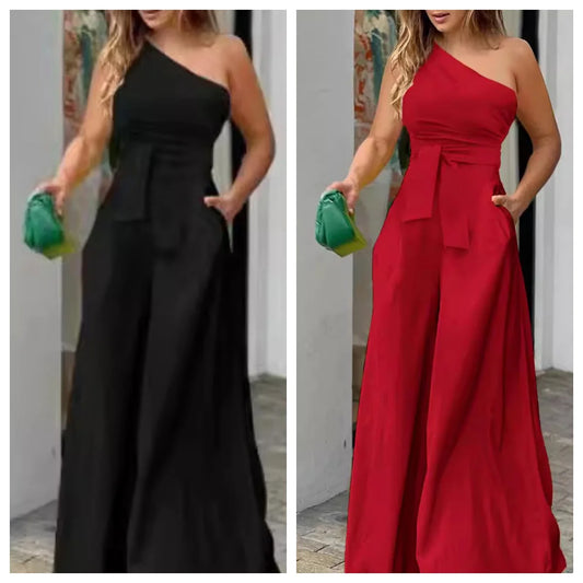 Women's clothing summer slanted collar unilateral tie irregular strapless high waist pocket wide leg jumpsuit