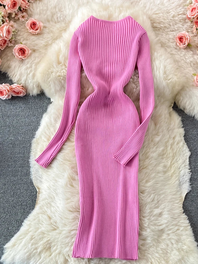 Women YuooMuoo Autumn Winter Elegant Cross V-neck Slim Waist Knitted Bodycon Office  Dress