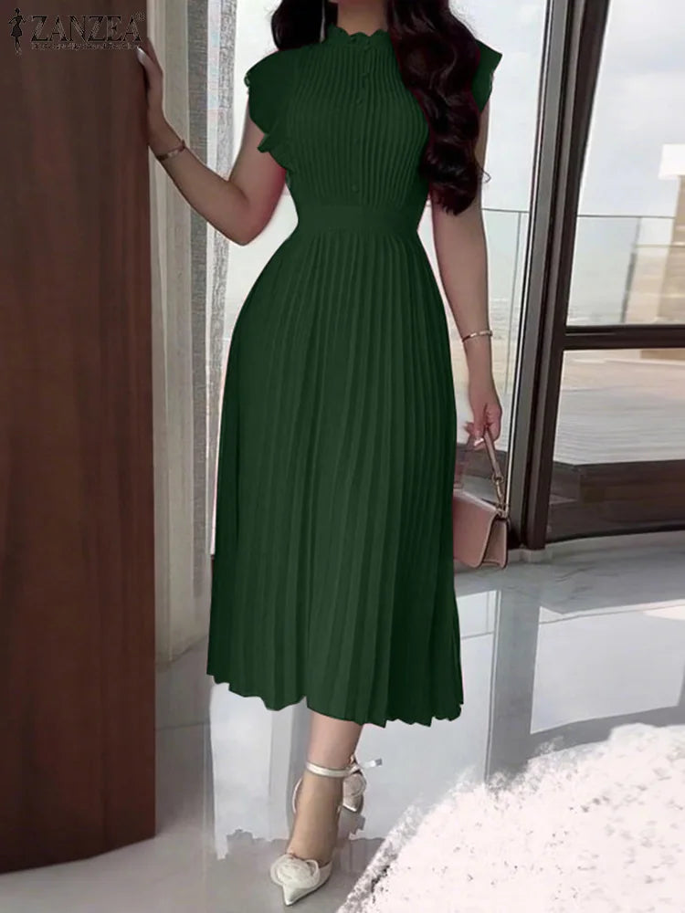 Women ZANZEA  Summer Sleeveless Pleated Vestidos Casual OL Work Sundress Zippers Fashion Solid Turtleneck Robe