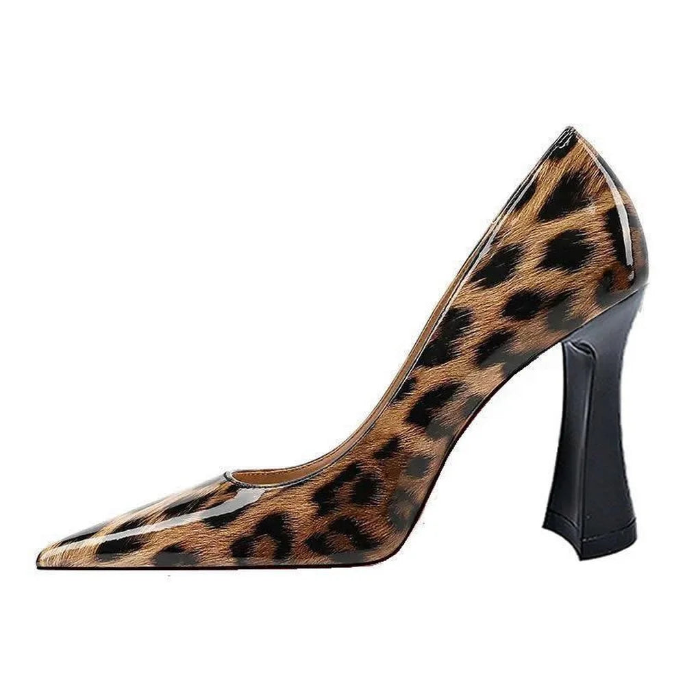 Women elegant fashion Leather Leopard Square High Heels, Pointed Toe, Slip Shallow Shoes