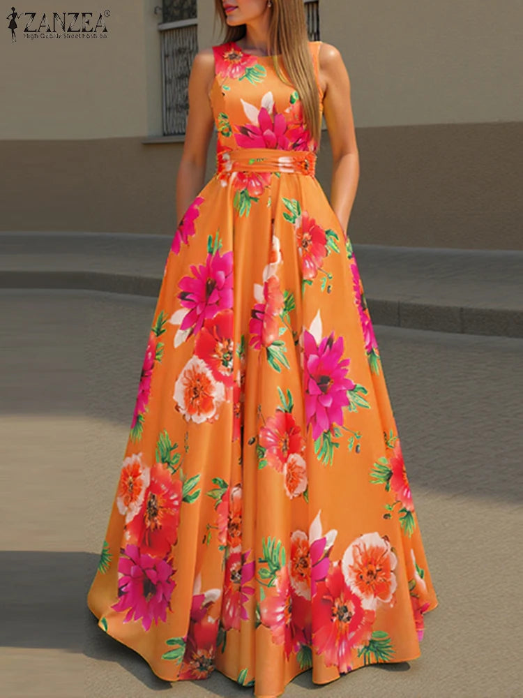 Women ZANZEA  Bohemian Dress Fashion Floral Printed Tank Sundress  Summer Sleeveless Waisted Robe Casual Party Maxi Dresses