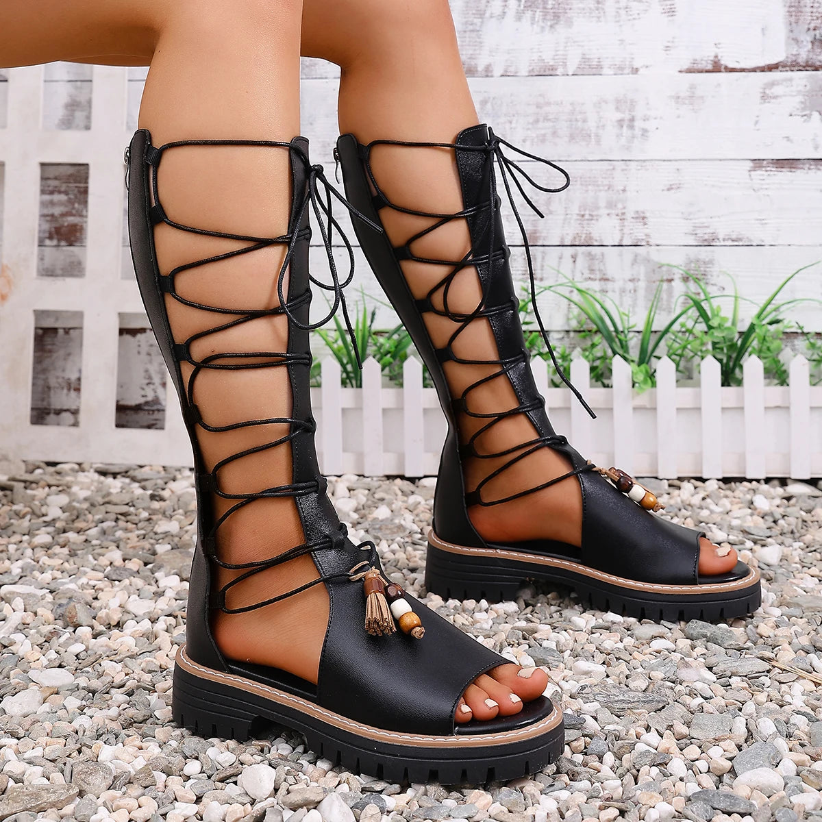 Women  Punk Style Sexy Knee High Flat Open Toe Buckle Strap Summer Roman Sandals