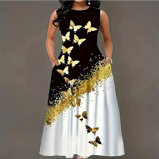 Women Plus size dress spring and summer new style dress European and American butterfly print pocket round neck vest  A-line dress