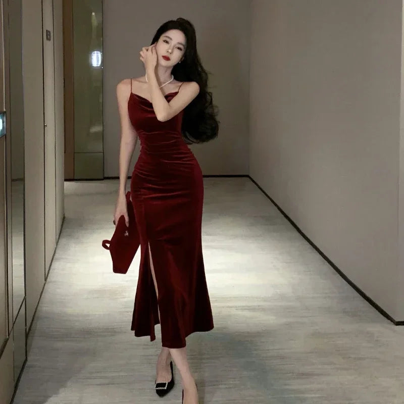 Women Vintage Sexy Club Prom Red  Spaghetti Strap Slit Velvet Beach Bandage Bodycon Midi Dress Party Elegant