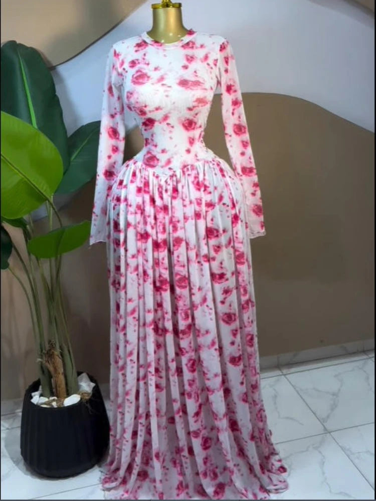 Women CM.YAYA Long Sleeve Tie Dye Print O-neck Big Swing Midi A-line Long  Evening Birthday Party Dresses