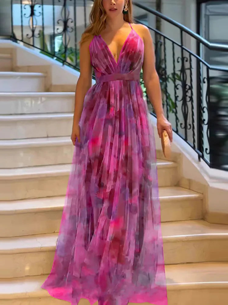 Women Elegant Strapless Mesh Print sexy sleeveless hight waistLong Dress