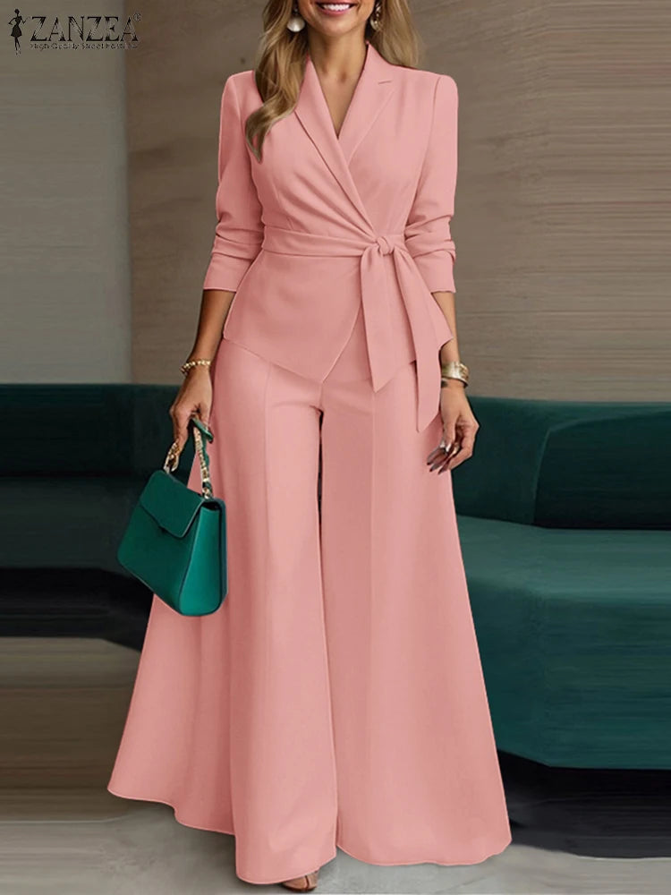 Ladies ZANZEA Elegant 2 Pieces Pant Sets Long Sleeve Belted Lightweight Blazer & Wide Leg Suits Office Lady Commuting Sets