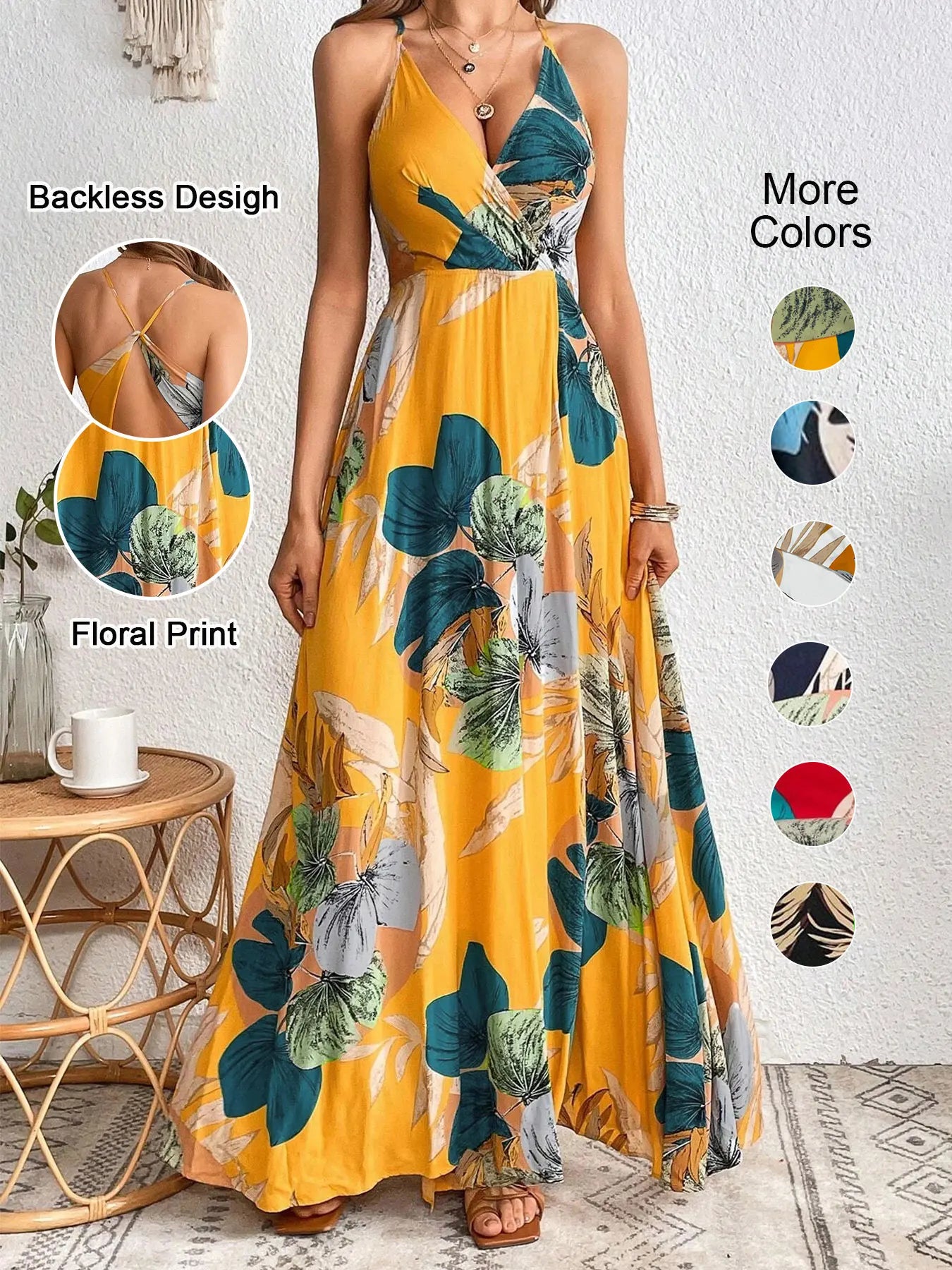 Women Tropical Print Thigh-High Slit Backless Spaghetti Strap Dress