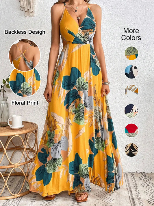 Women Tropical Print Thigh-High Slit Backless Spaghetti Strap Dress