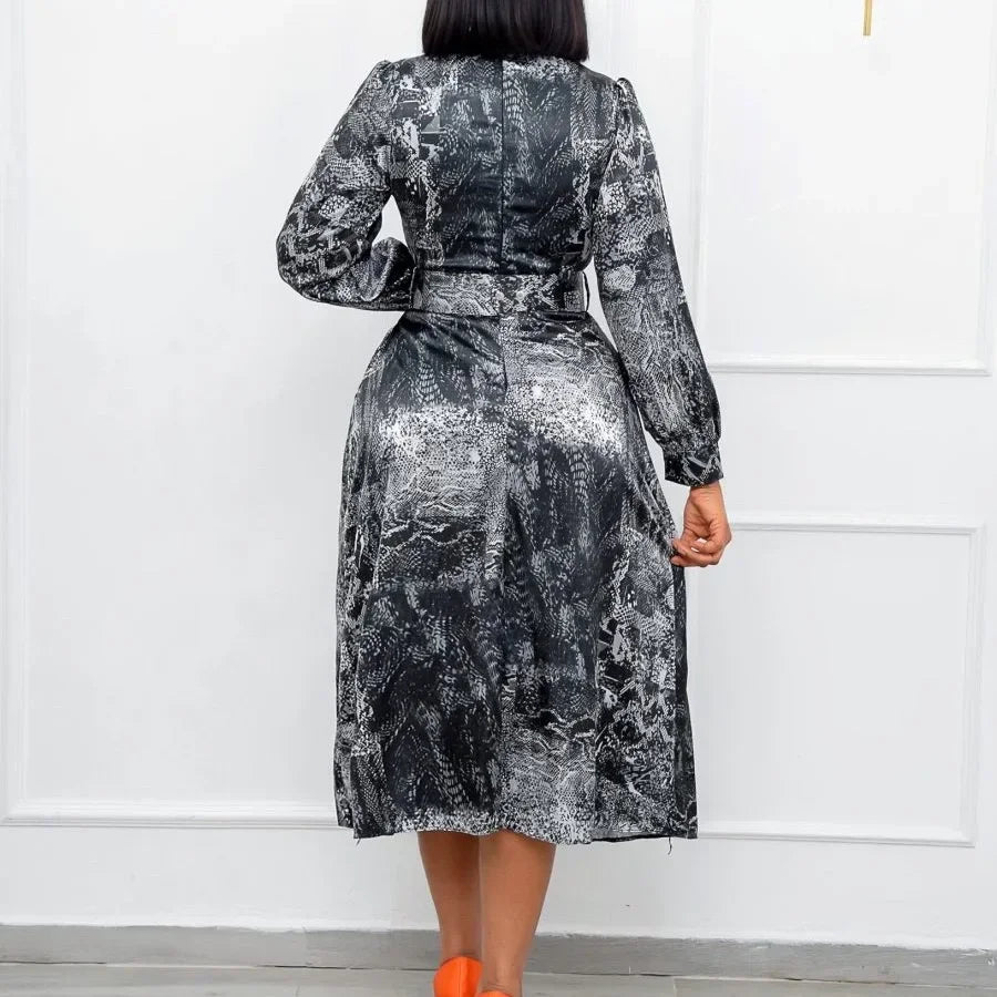 Women Elegant Vintage Dresses for  Bow Collar Full Sleeve Belt Waisted A Line Mid Calf Birthday Party Dinner Vestidos Mujer Dress