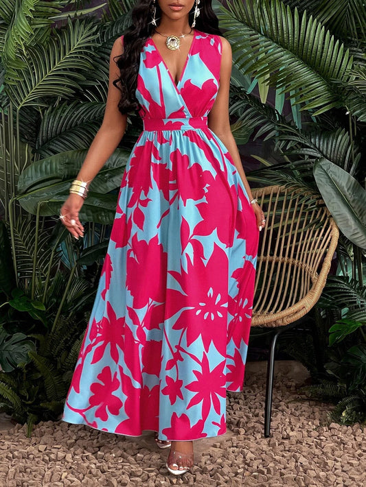 Women Vintage color contrast sleeveless V-neck dress, unique print interpretation elegant style