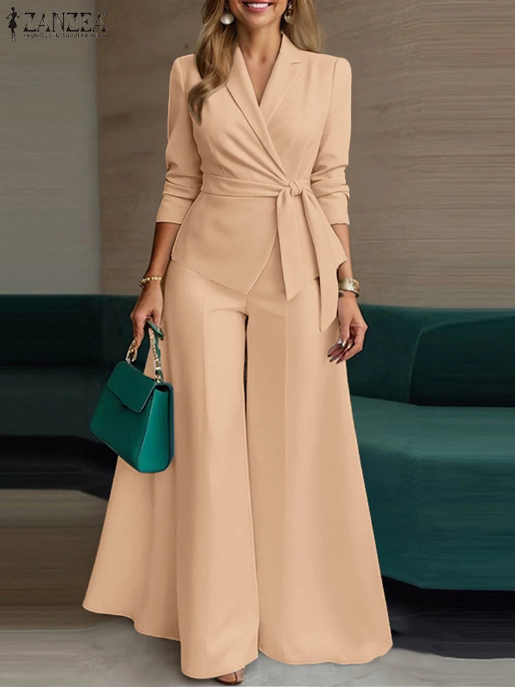Ladies ZANZEA Elegant 2 Pieces Pant Sets Long Sleeve Belted Lightweight Blazer & Wide Leg Suits Office Lady Commuting Sets
