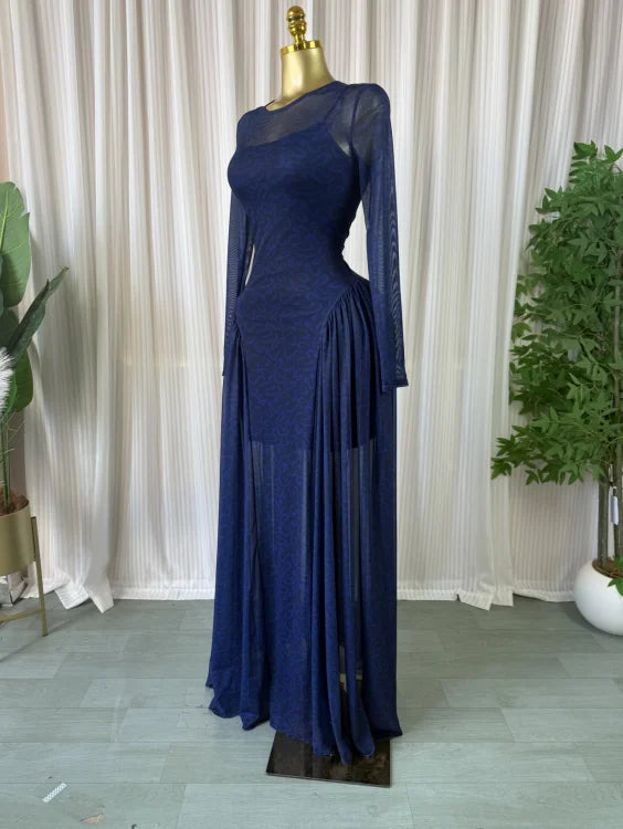 Women O-neck Long Sleeve Pleated Inner A-line  Evening Sexy Party Birthday Vacation Long Maxi Dresses Vestidos