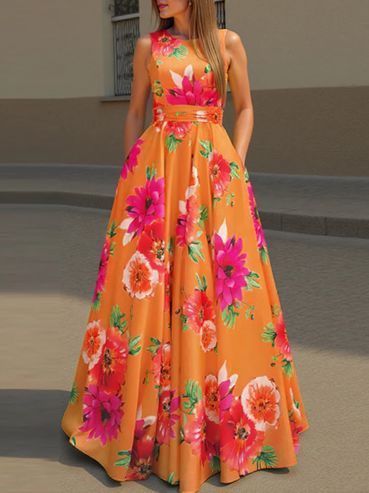Women ZANZEA  Bohemian Dress Fashion Floral Printed Tank Sundress  Summer Sleeveless Waisted Robe Casual Party Maxi Dresses