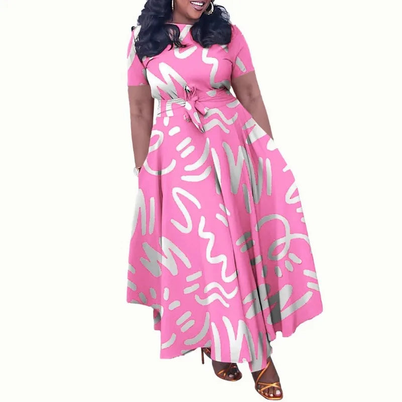 Women Dashiki Fashion Belted Maxi Long Party Dress Vintage Printed Sundress Casual Vestidos dress