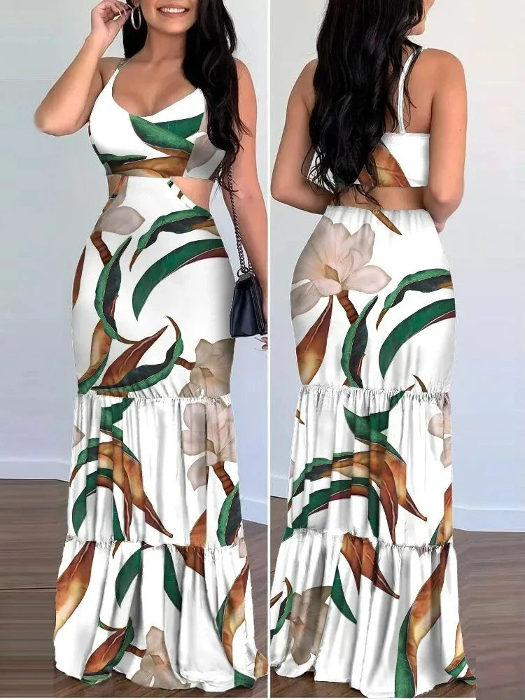Women Dress Camisole Long  Print Folds Sleeveless Slim Fit V Neck Elegant A Line Splice Vestidos Beach Summer